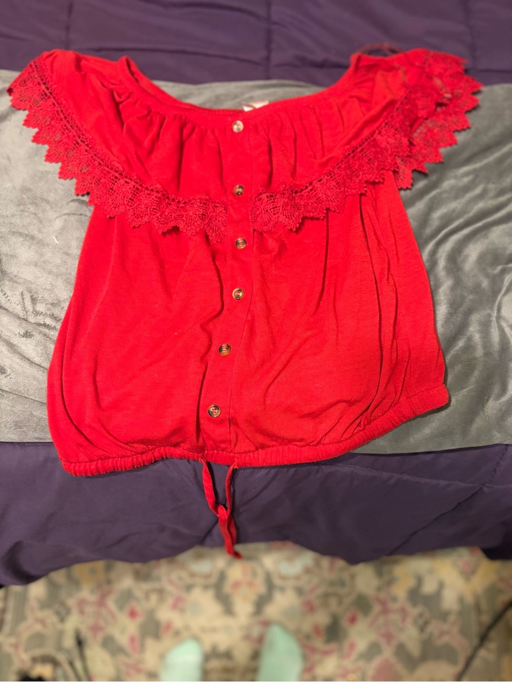 Red Off-Shoulder Lace Trim Button-Front Women's Top